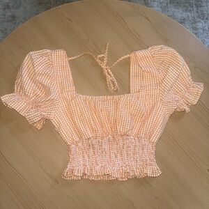 She + Sky Gingham Puff Sleeve Orange Top Size Small